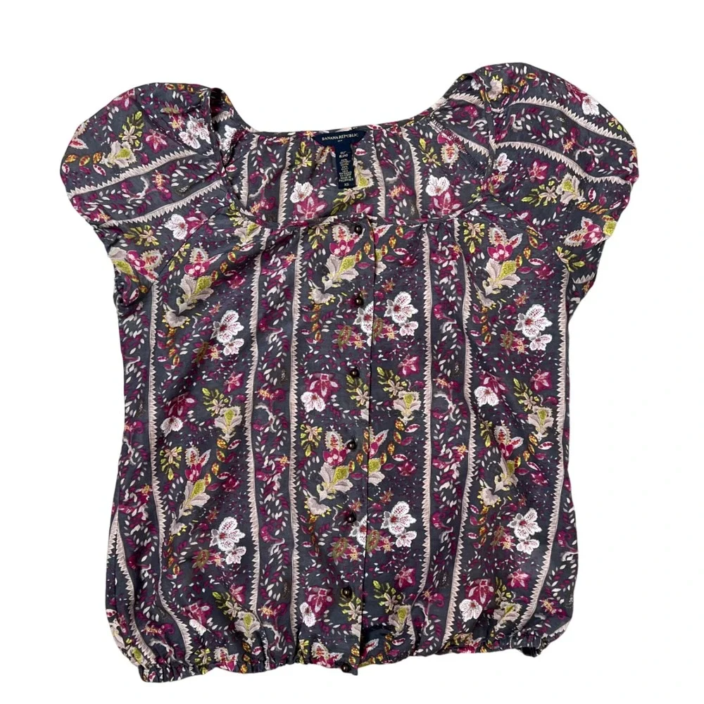 Banana Republic Silk Blend Floral Boho Square Neck Puff Sleeve Blouse XS Purple